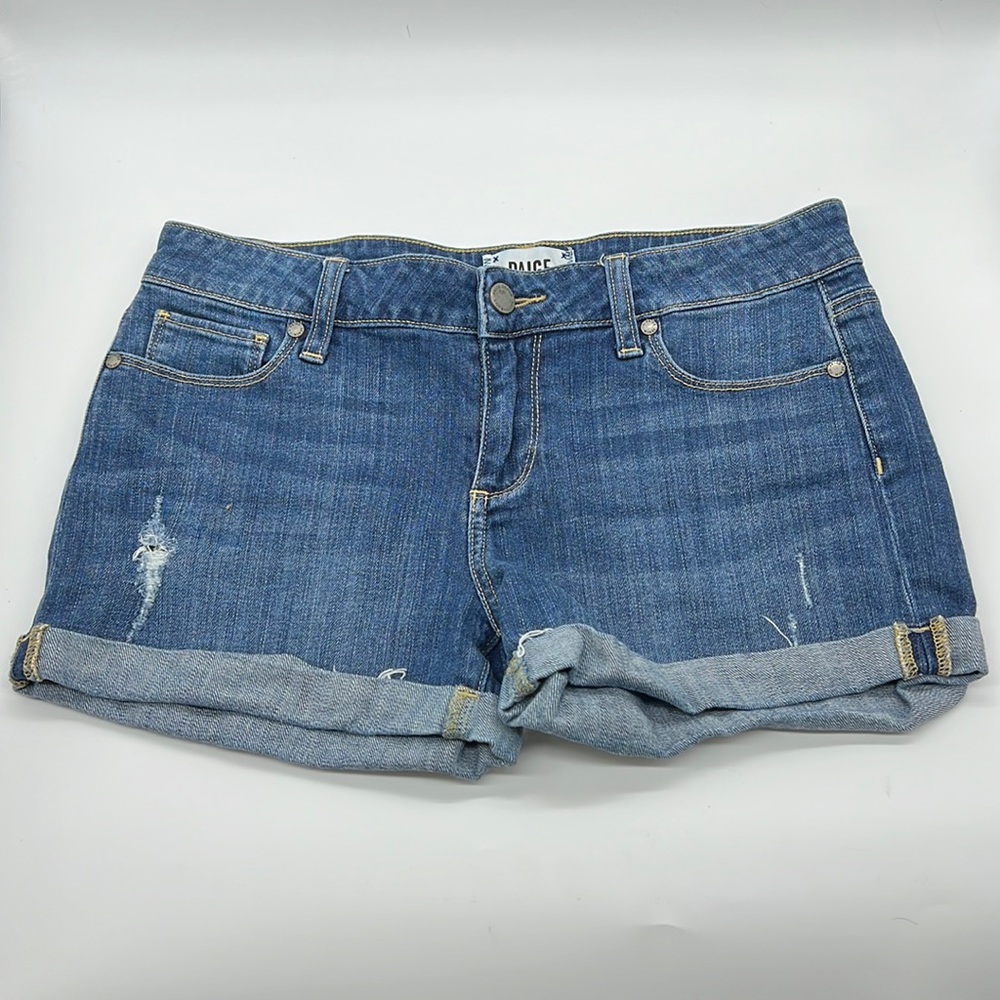 PAIGE Distressed Denim Shorts Raw Hem Folded Size 27